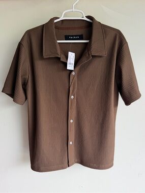 PacSun Brown Ribbed Short Sleeve Button-Front Shirt